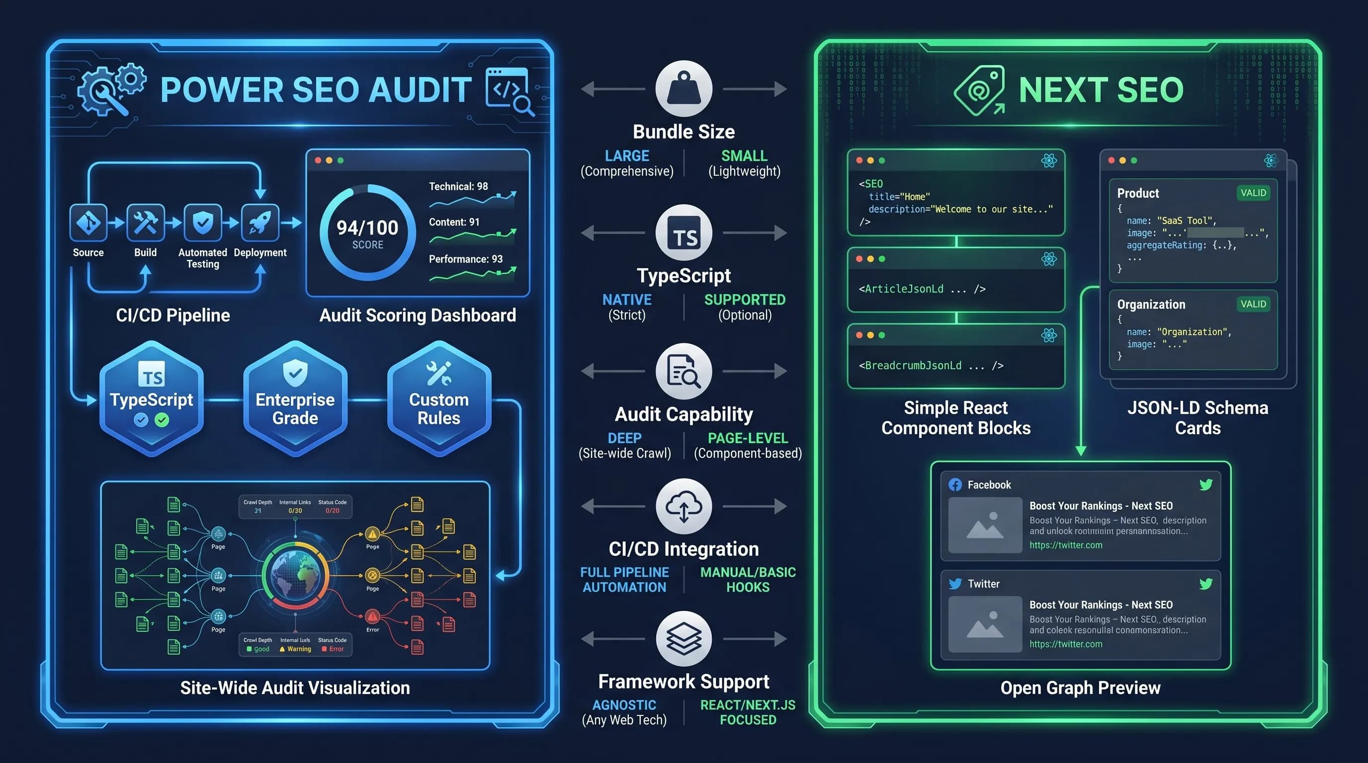Power SEO Audit vs Next SEO comparison infographic — CI/CD, audit scoring, and TypeScript support