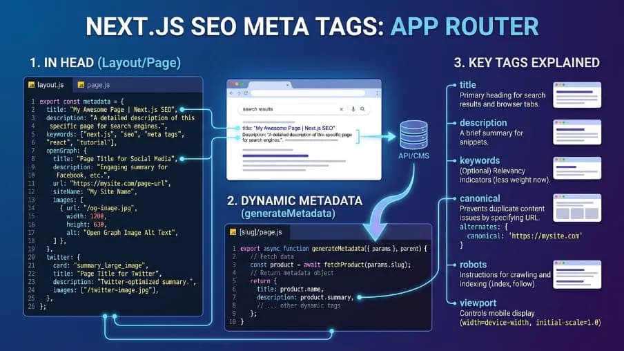 Next.js SEO Meta Tags for App Router: Complete Developer Guide