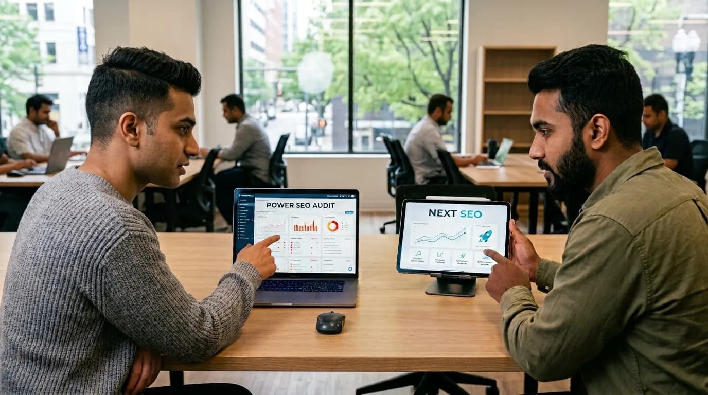 Power SEO Audit vs Next SEO comparison infographic — CI/CD, audit scoring, and TypeScript support