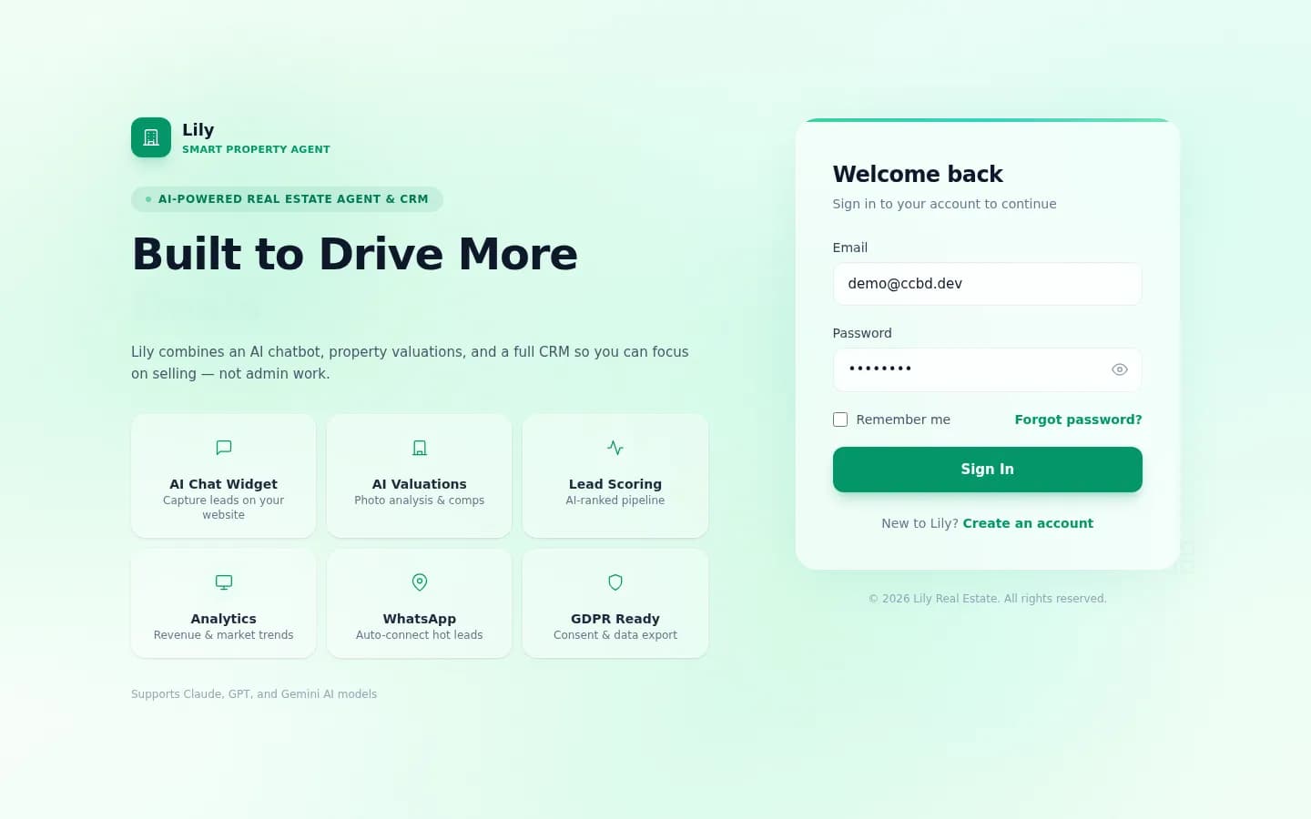 Lily Real Estate AI Agent Dashboard - AI-powered CRM with lead scoring and property valuations