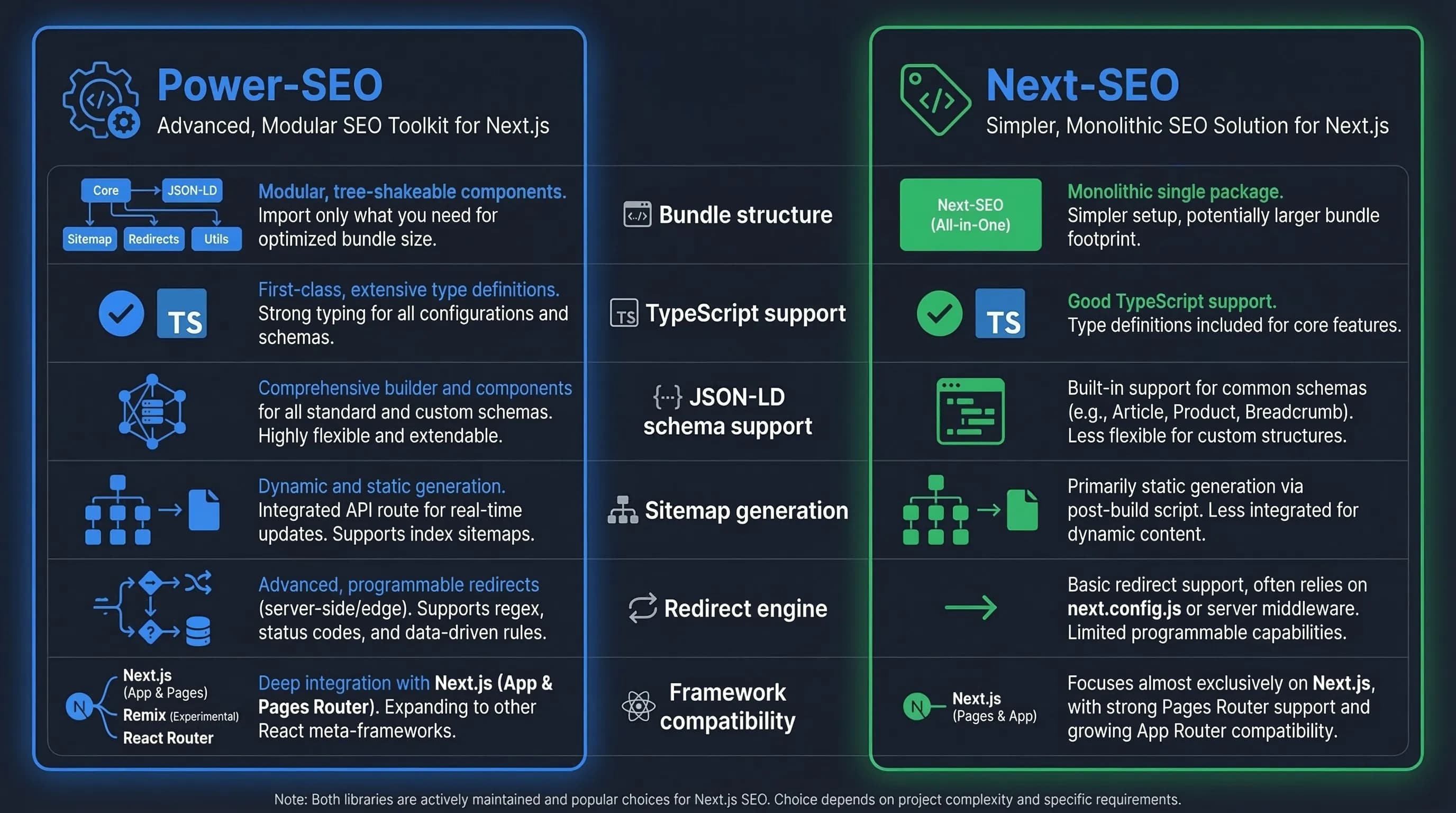 Power-SEO vs Next-SEO comparison infographic for Next.js SEO tools