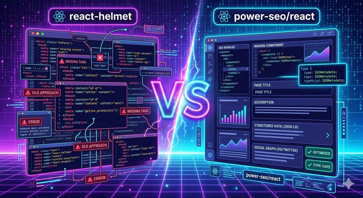 Power SEO React vs React Helmet showing missing tags, errors, and modern SEO optimization