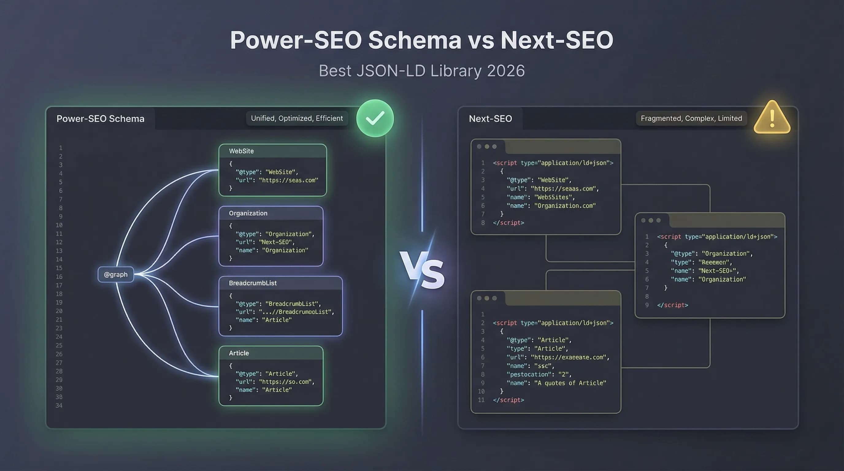 Power-SEO vs Next-SEO JSON-LD schema comparison showing @graph vs multiple scripts structure